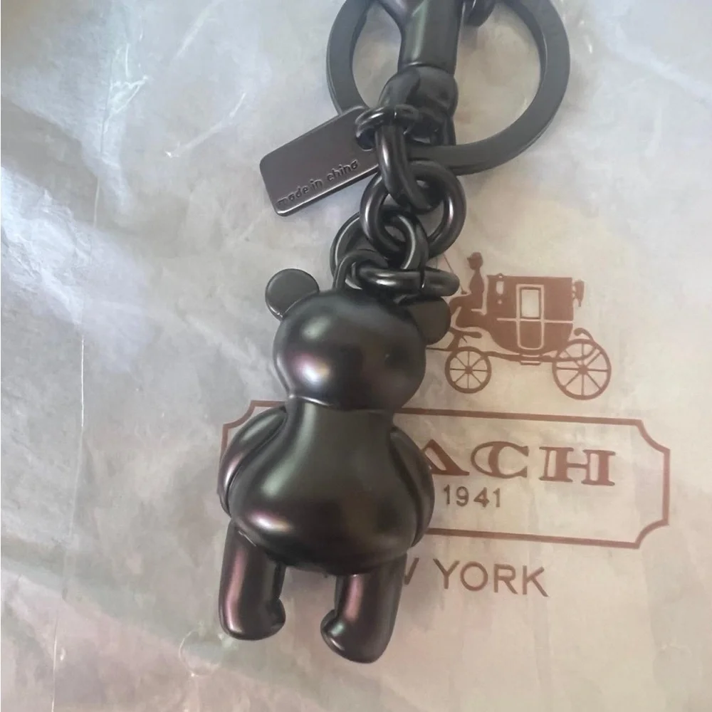 Coach Black Bear Skeleton Keychain Charm with Silver Glitter Accents